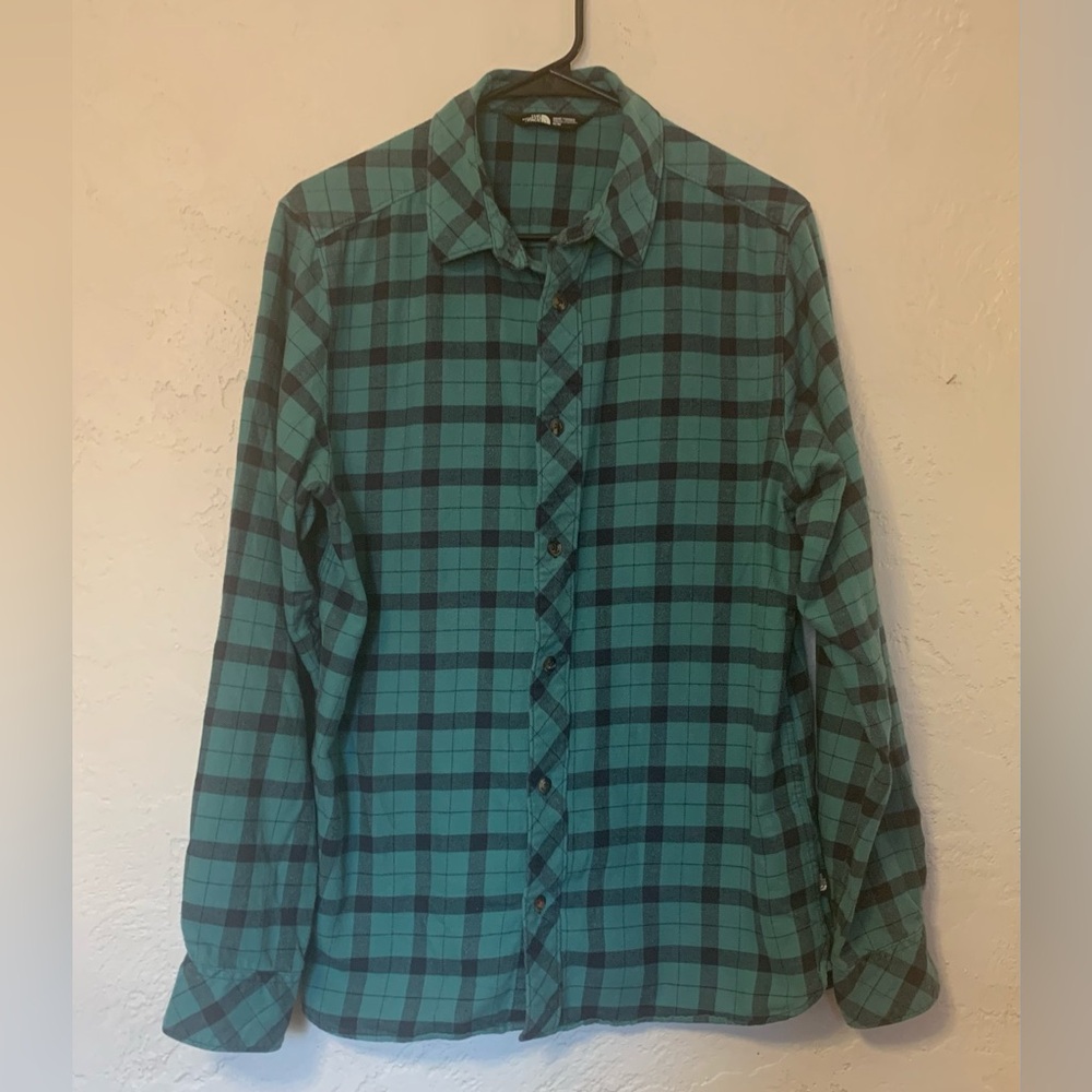 North Face Flannel Mens Long Sleeve Shirt Teal Plaid Size Medium Cotton